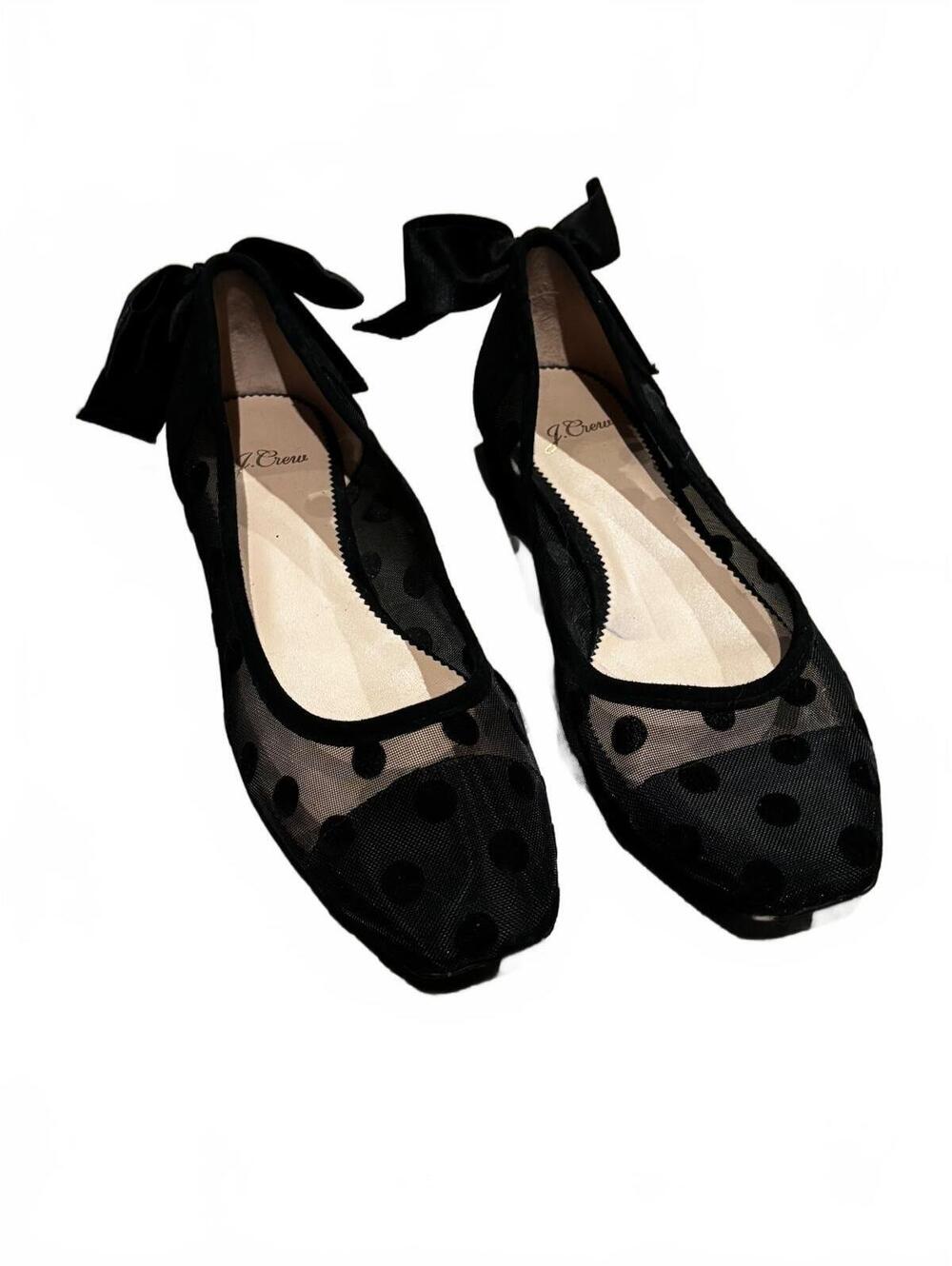 J. Crew Black Polka Dot Mesh Ballet Flats with Bow Detail